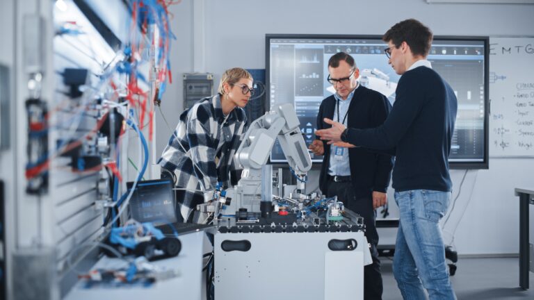 Studenti e docenti in un laboratorio di robotica